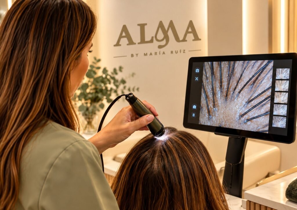 Análisis del cuero cabelludo con microcámara para un tratamiento purificante hidronutritivo en Alma Peluquería, Chamberí, Madrid.