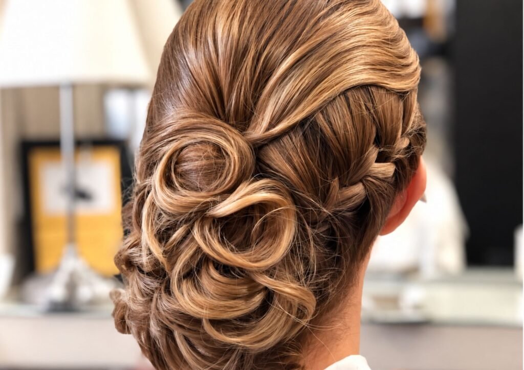 Novia con peinado nupcial y maquillaje profesional celebrando su boda con sus acompañantes en Chamberí, Madrid.
