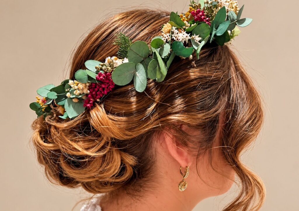 Novia con peinado nupcial y maquillaje profesional celebrando su boda con sus acompañantes en Chamberí, Madrid.