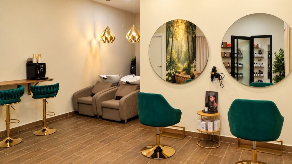 Interior de Alma Peluquería con sillones de peluquería verde esmeralda y dorado, espejos redondos y zona de lavado.