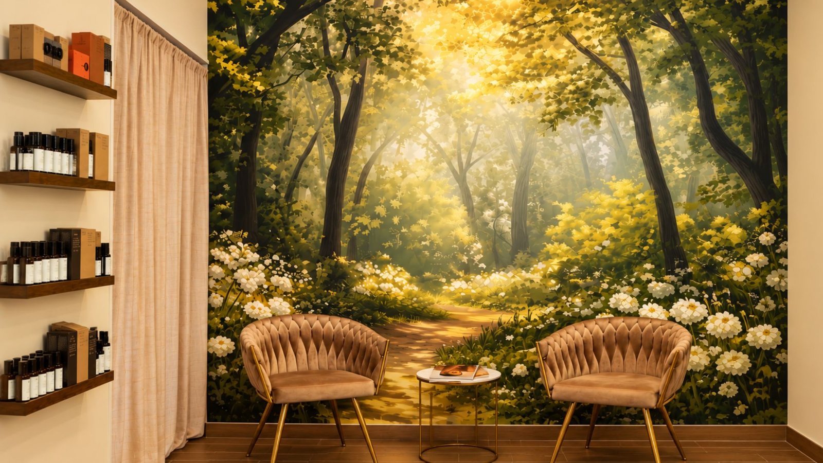 Zona de espera de Alma Peluquería con mural de bosque iluminado, sillones tapizados en beige y estanterías con productos capilares.